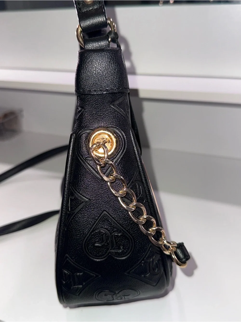 Juicy Couture Black Embossed Logo Crescent Shoulder Bag with Gold Chain